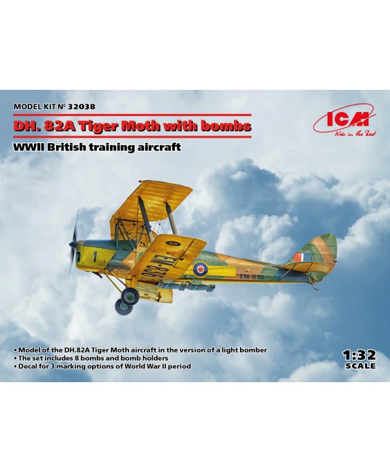 ICM modelis DH. 82A Tiger Moth with bombs,WWII British training aircraft 1/32