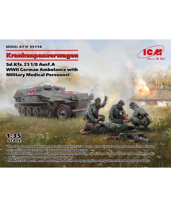 ICM modelis Krankenpanzerwagen Sd.Kfz.251/8 Ausf.A WWII German Ambulance with Military Medical Personnel 1/35