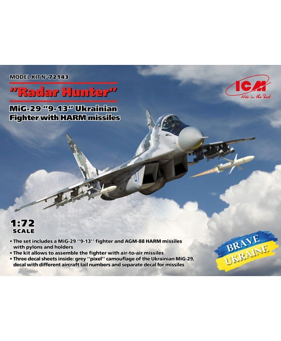 ICM modelis Ukrainian Fighter with HARM missiles MiG-29, 9-13, Radar Hunter, 1/72