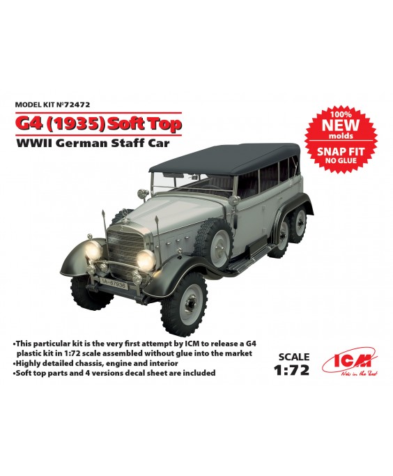 ICM modelis G4 (1935 production) Soft Top, WWII German Staff Car, snap fit/no glue 1/72