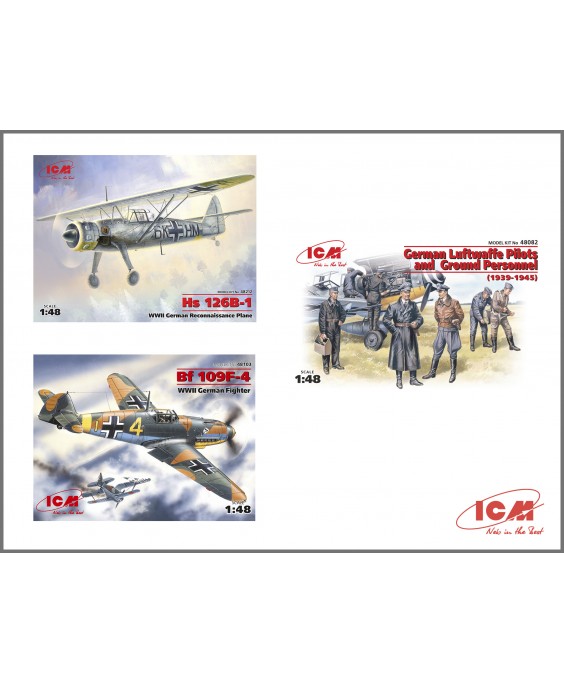 ICM modelis WWII Luftwaffe Airfield (Messerschmitt Bf 109F-4, Hs 126 B-1, German Luftwaffe Pilots and Ground Personnel (7 figures) 1/48