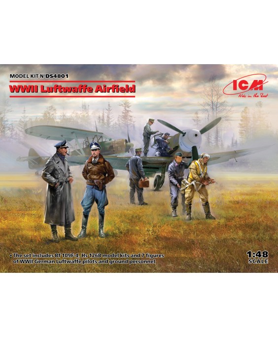 ICM modelis WWII Luftwaffe Airfield (Messerschmitt Bf 109F-4, Hs 126 B-1, German Luftwaffe Pilots and Ground Personnel (7 figures) 1/48