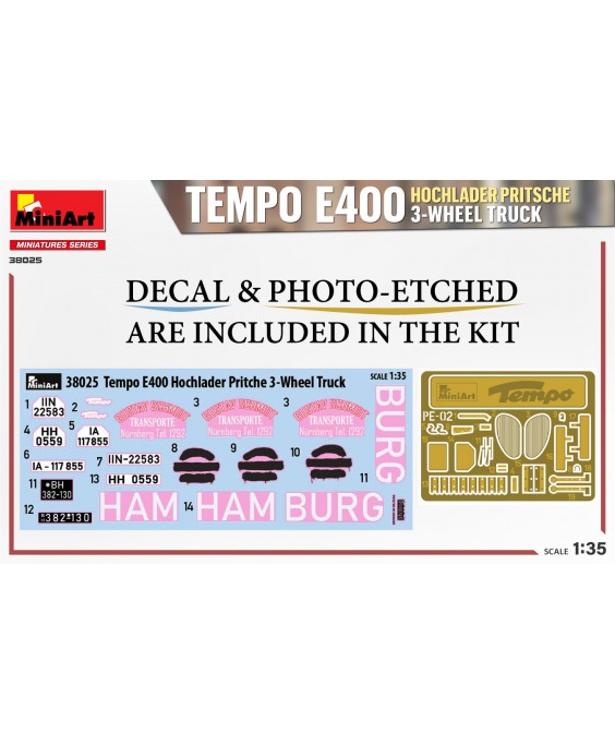MiniArt modelis TEMPO E400 HOCHLADER PRITSCHE 3-WHEEL TRUCK 1/35
