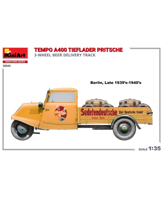 MiniArt modelis TEMPO A400 TIEFLADER PRITSCHE 3-WHEEL BEER DELIVERY TRUCK 1/35