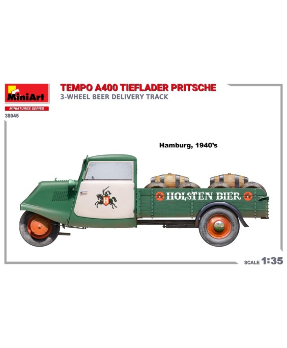 MiniArt modelis TEMPO A400 TIEFLADER PRITSCHE 3-WHEEL BEER DELIVERY TRUCK 1/35