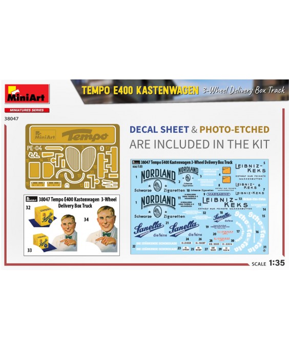 MiniArt modelis TEMPO E400 KASTENWAGEN 3-WHEEL DELIVERY BOX TRACK 1/35