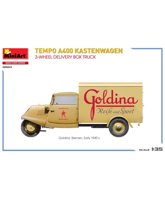 MiniArt modelis Tempo A400 Kastenwagen 3-Wheel Delivery Box Truck 1/35