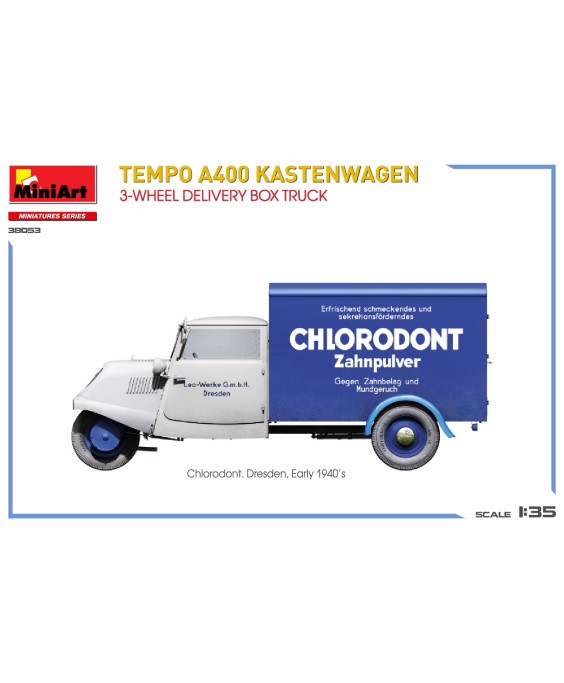 MiniArt modelis Tempo A400 Kastenwagen 3-Wheel Delivery Box Truck 1/35