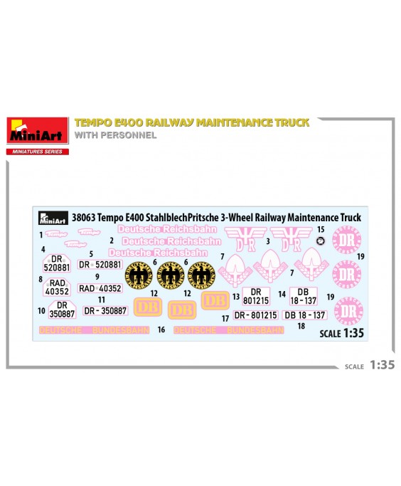 MiniArt modelis TEMPO E400 RAILWAY MAINTENANCE TRUCK WITH PERSONNEL 1/35